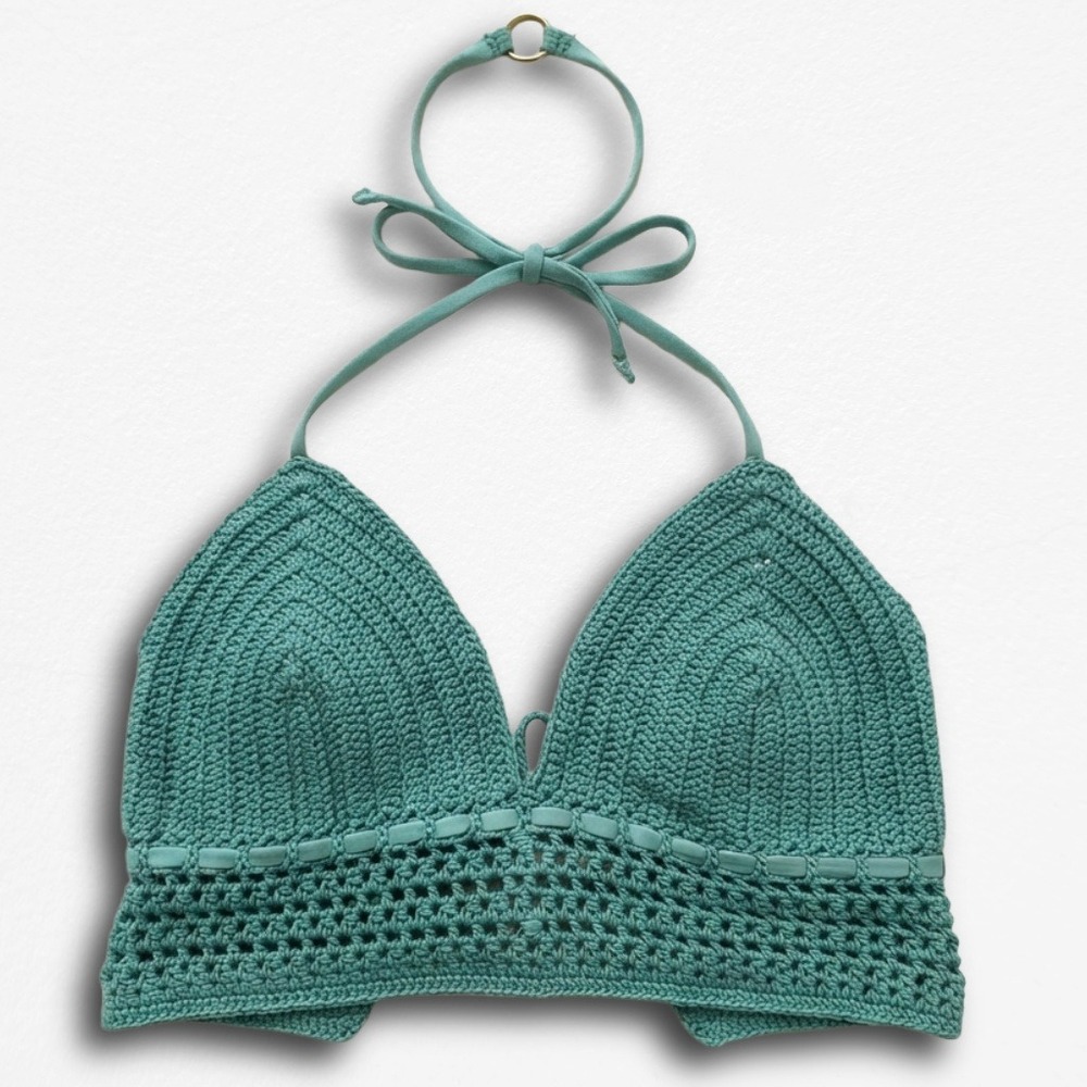 Xhilaration Teal Crochet Bikini Top Womens Large Boho Halter Triangle Swimwear